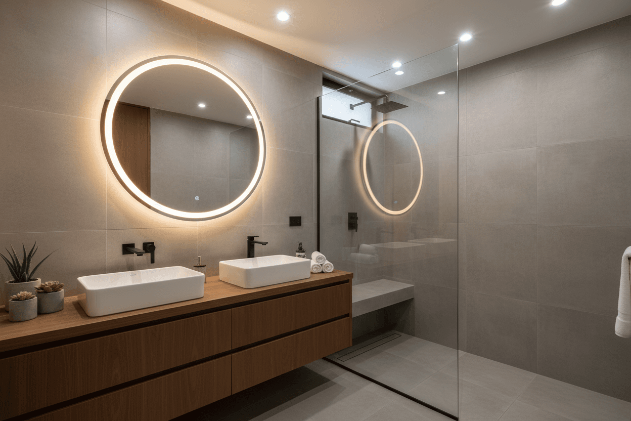 Baño moderno con iluminación LED en espejo