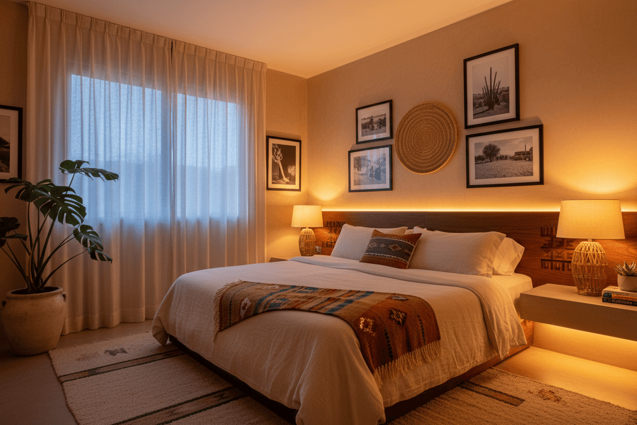 Recámara acogedora con iluminación LED ambiental suave