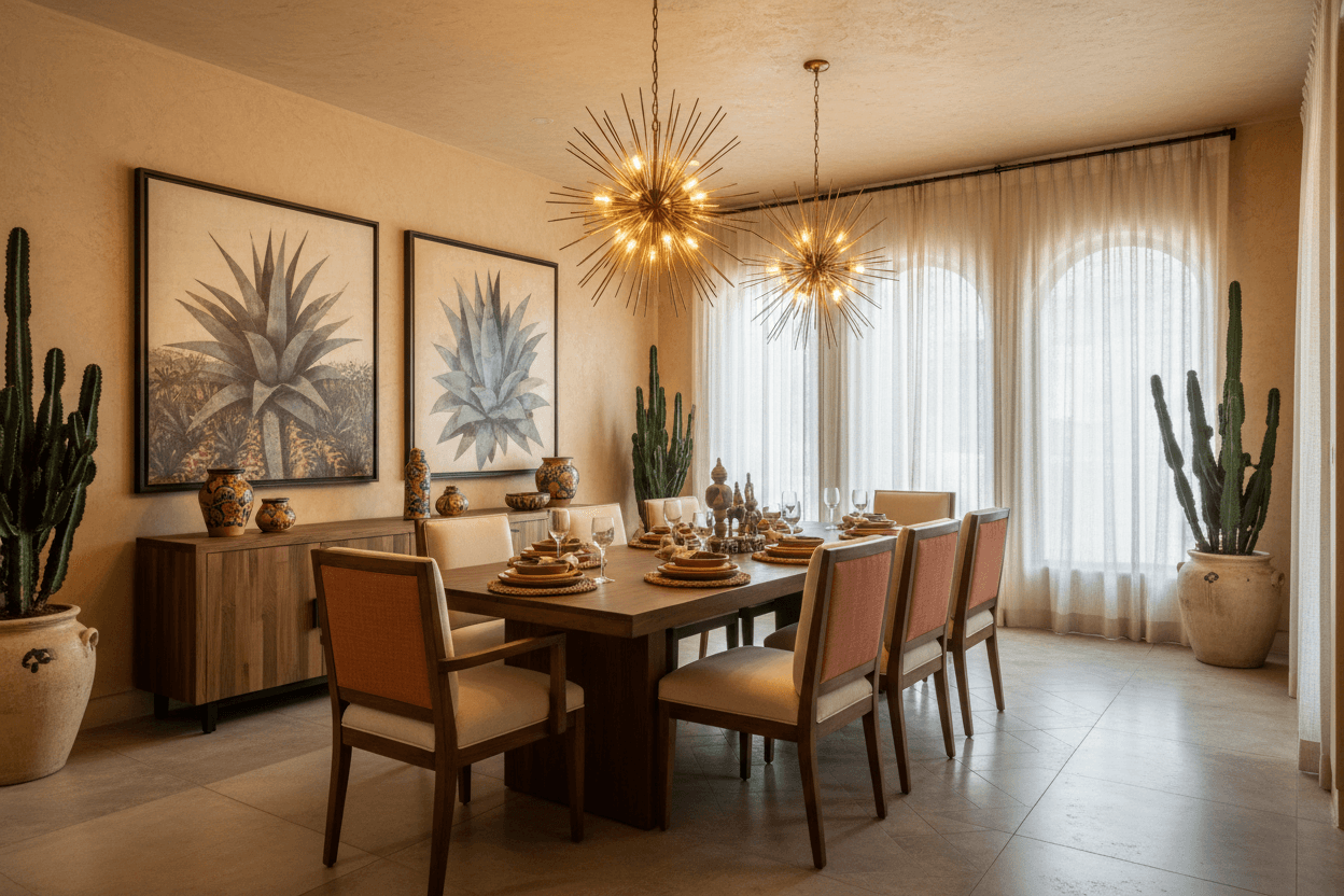 Comedor elegante con iluminación LED tipo candelabro